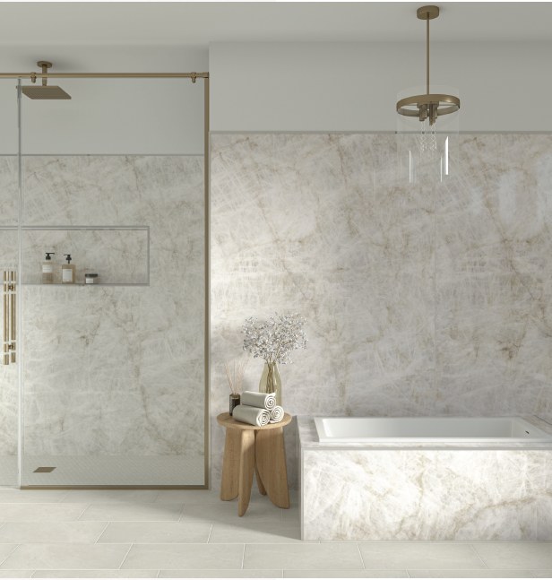Bathroom with Certistone large-format stone-look walls, walk-in shower and soaking tub