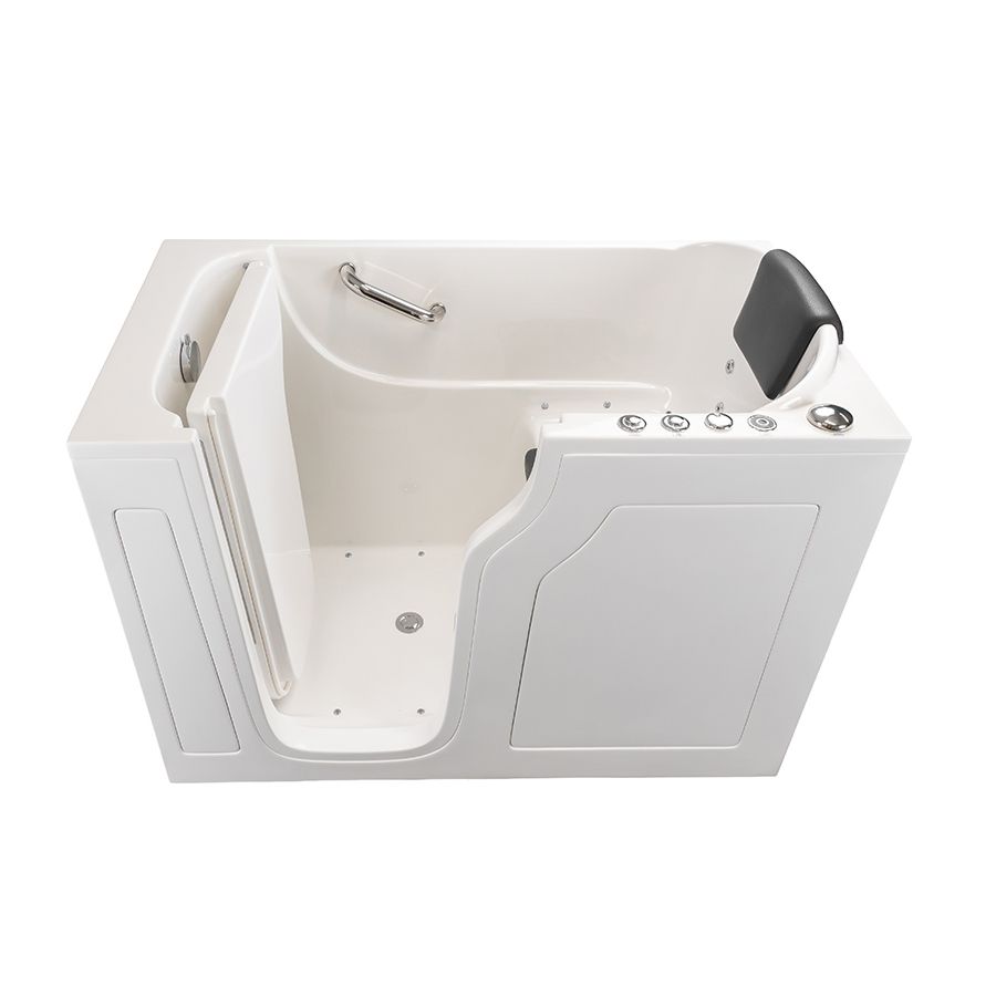 Walk-in tub with inward-swinging door, built-in seat and grab bar