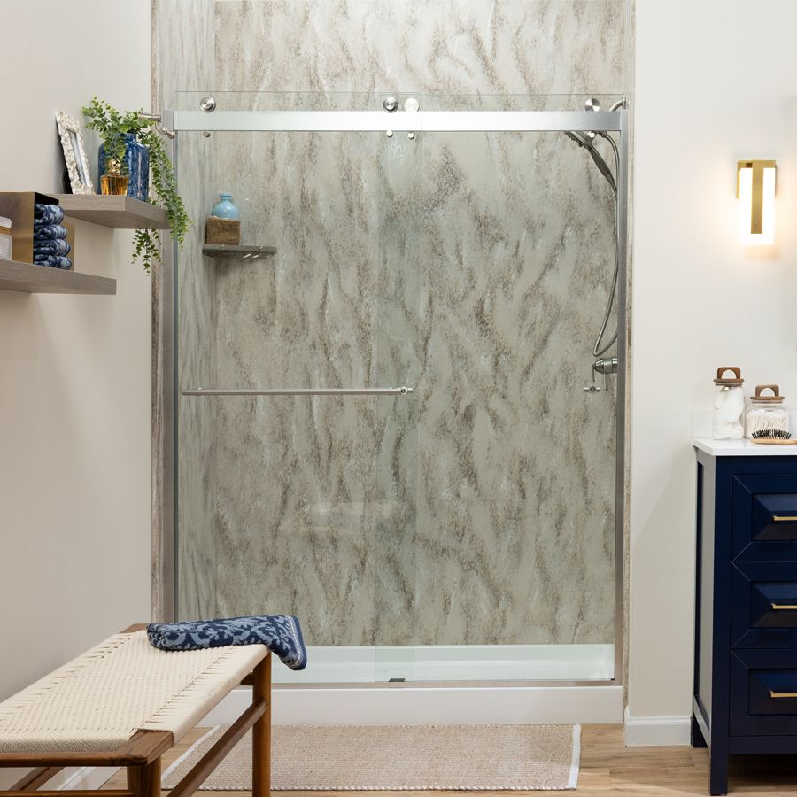 PuroStone shower system in Marbled Ash